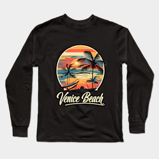 Venice Beach Sunset Background with Ilustration Retro Style Long Sleeve T-Shirt